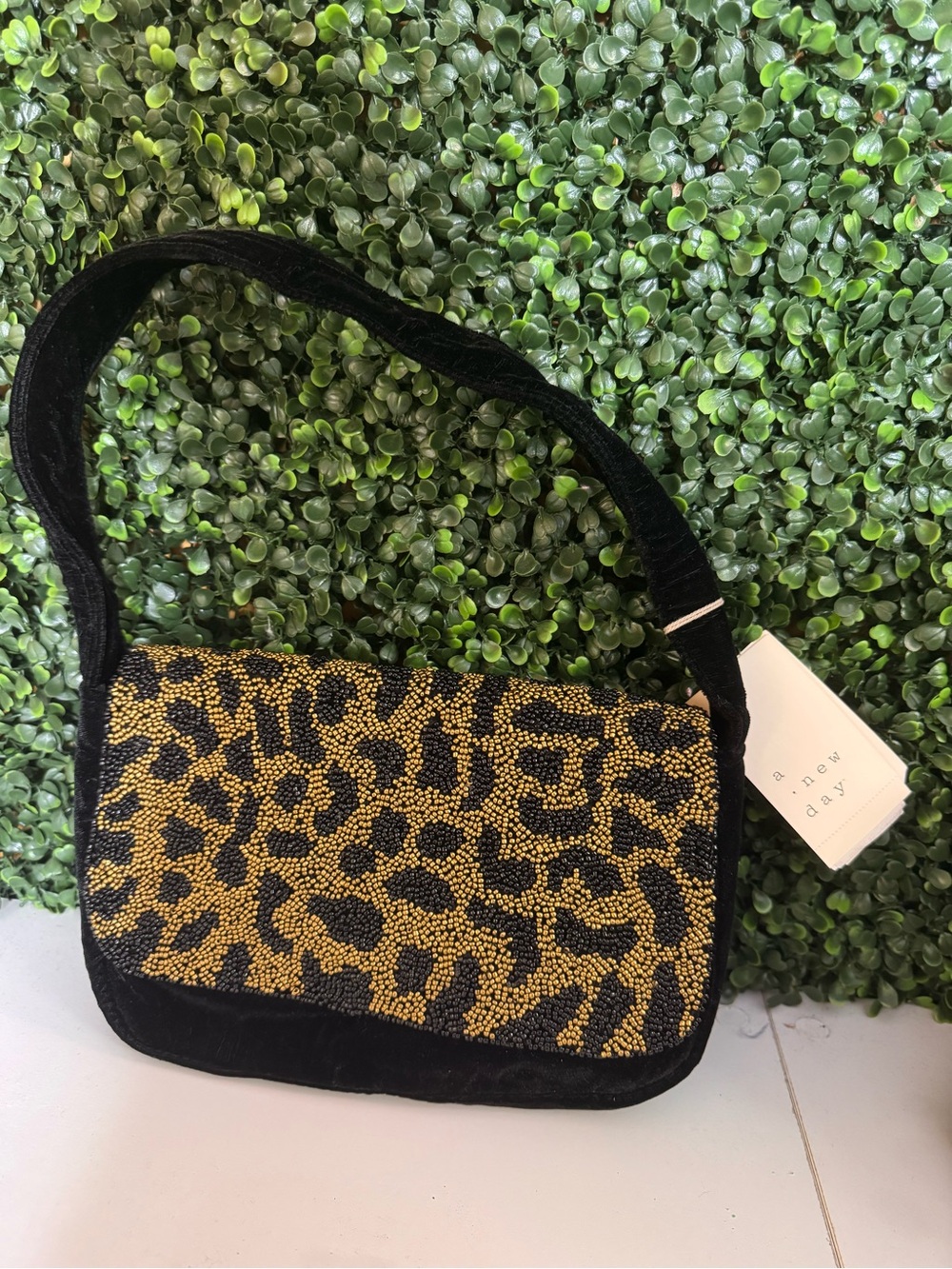 a new day Black & Gold Beaded Leopard Mini Shoulder Bag